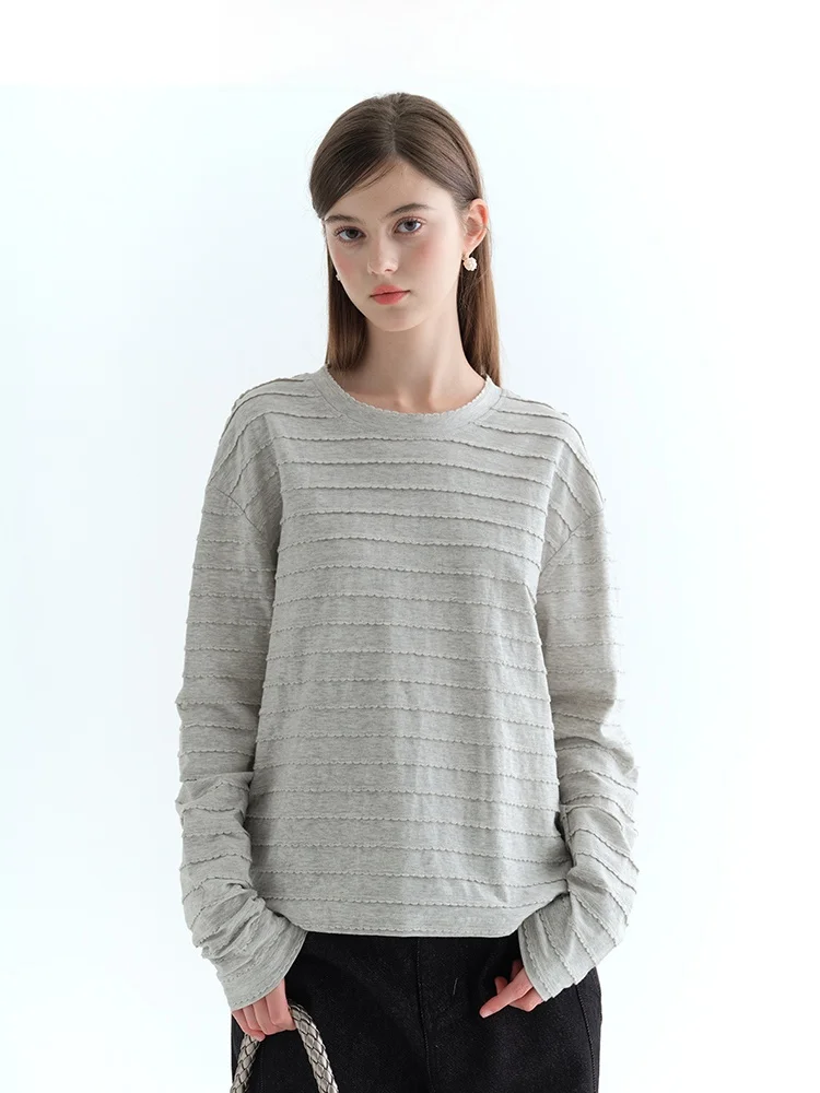 

Серая повседневная женская футболка с длинным рукавом Jiujiu Design, весна 2026, новая модель, свободный крой, хлопок, круглый вырез, универсальный модный топ