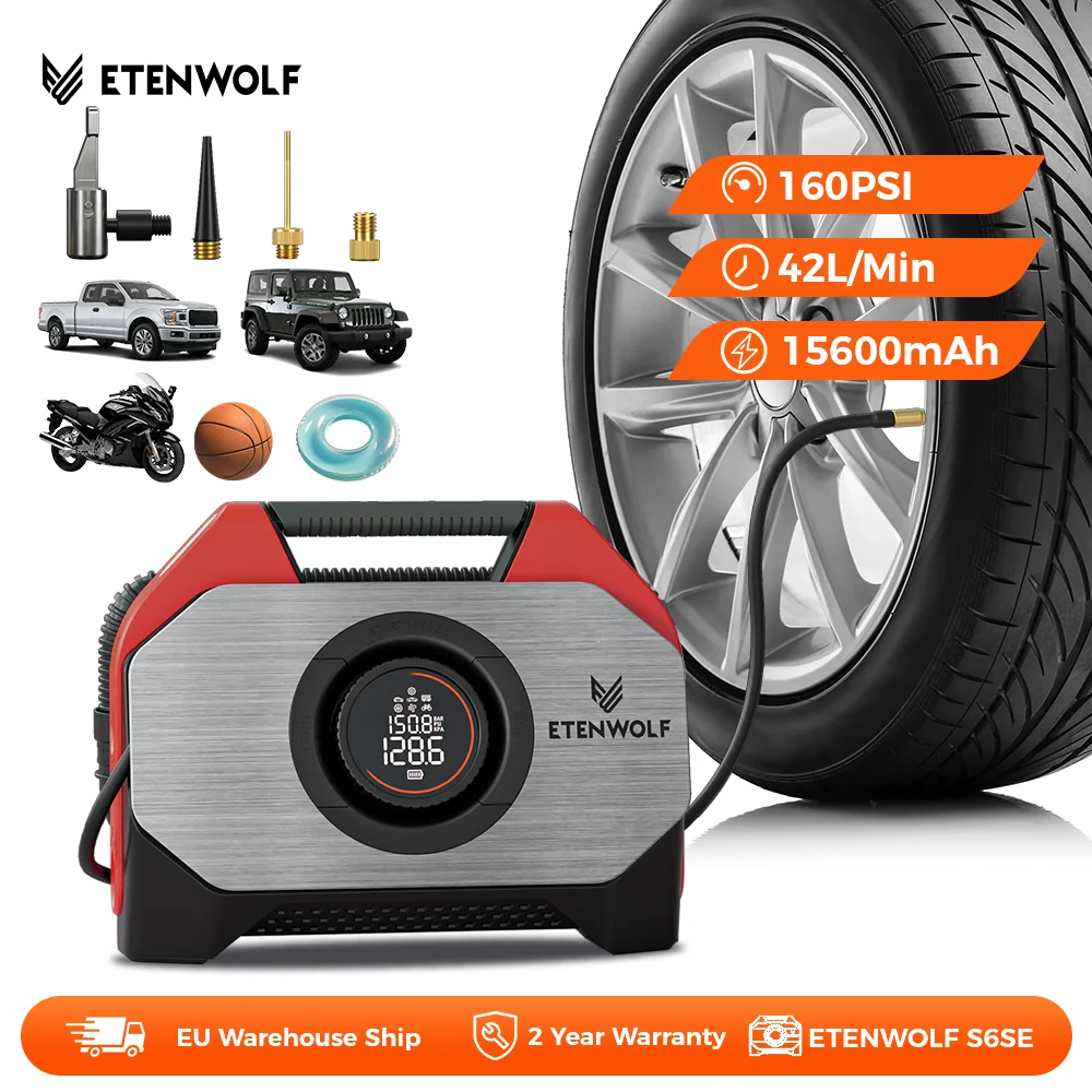 Neuer ETENWOLF VORTEX S6SE Auto-Luftkompressor, 15600 mAh, kabelloser Reifenfüller, 100 % Arbeitszyklus-Luftpumpe für Autoreifen