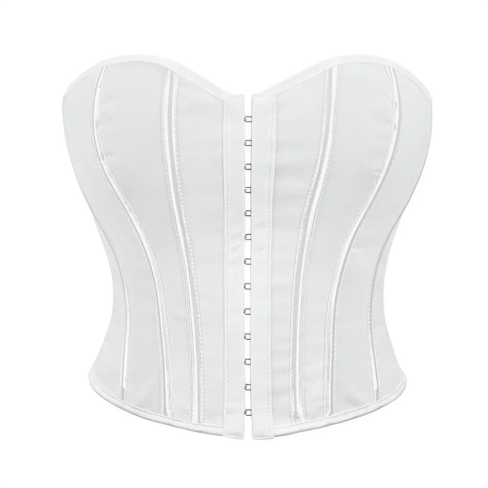 

Women's Sexy White Overbust Corset Crop Tops Gothic Single Breasted Buckle Lingerie Bustier Body Shaper Strapless Corselet
