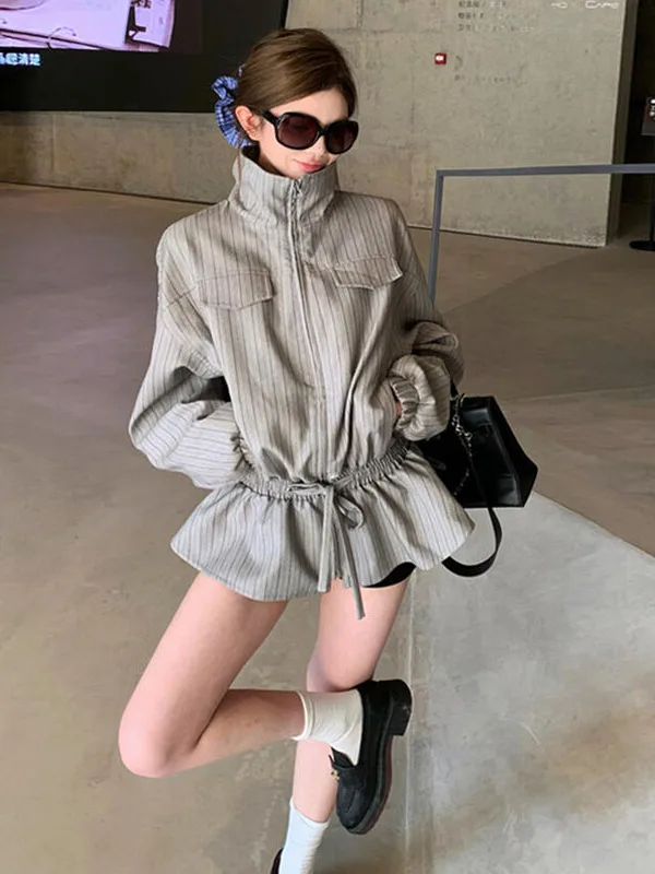 

Fashionable Retro Striped Stand Collar Women's Jacket Autumn 2025 New Arrival Polyester Fiber Loose Fit Regular Length