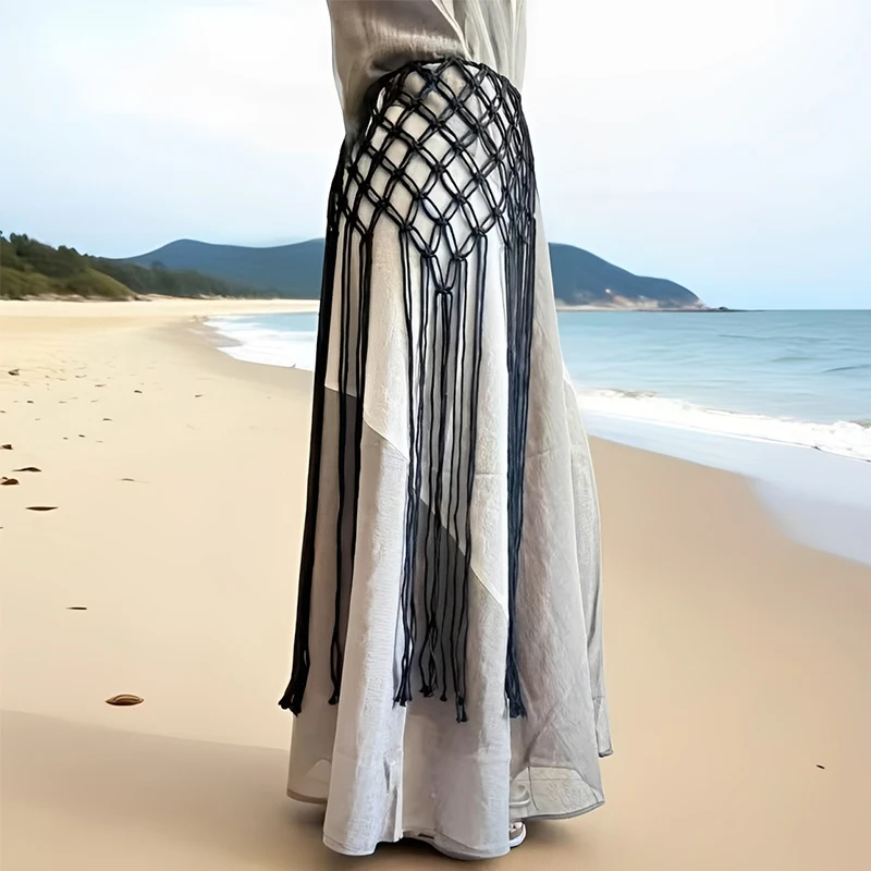 Cotton Rope Mesh Waist Belt Boho Style Handmade Bikini Cover Skirt Wrap Beach Cover Up Tassel Body Chain SummerFestival Swimwear