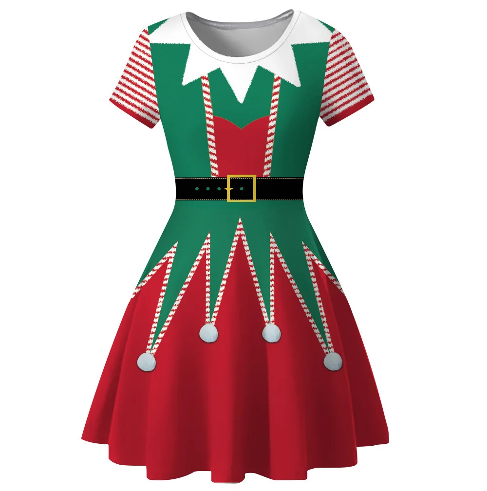 New Christmas Style Women's Fashionable and Sexy Printed Long Skirt, Casual Short Sleeved Round Neck Dress