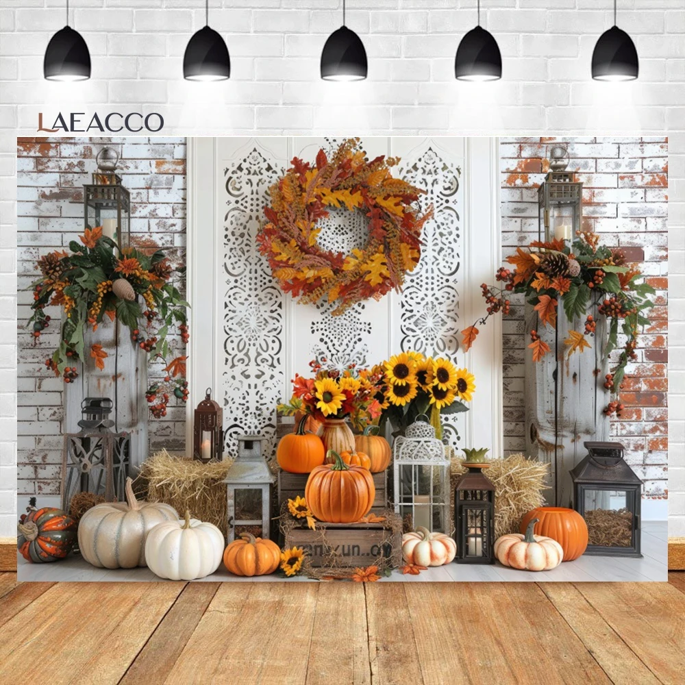 Laeacco Fall Photography Backdrop Autumn Maple Forest Leaves Brick Wall Pumpkin Party Farm Harvest Event Kid Portrait Background