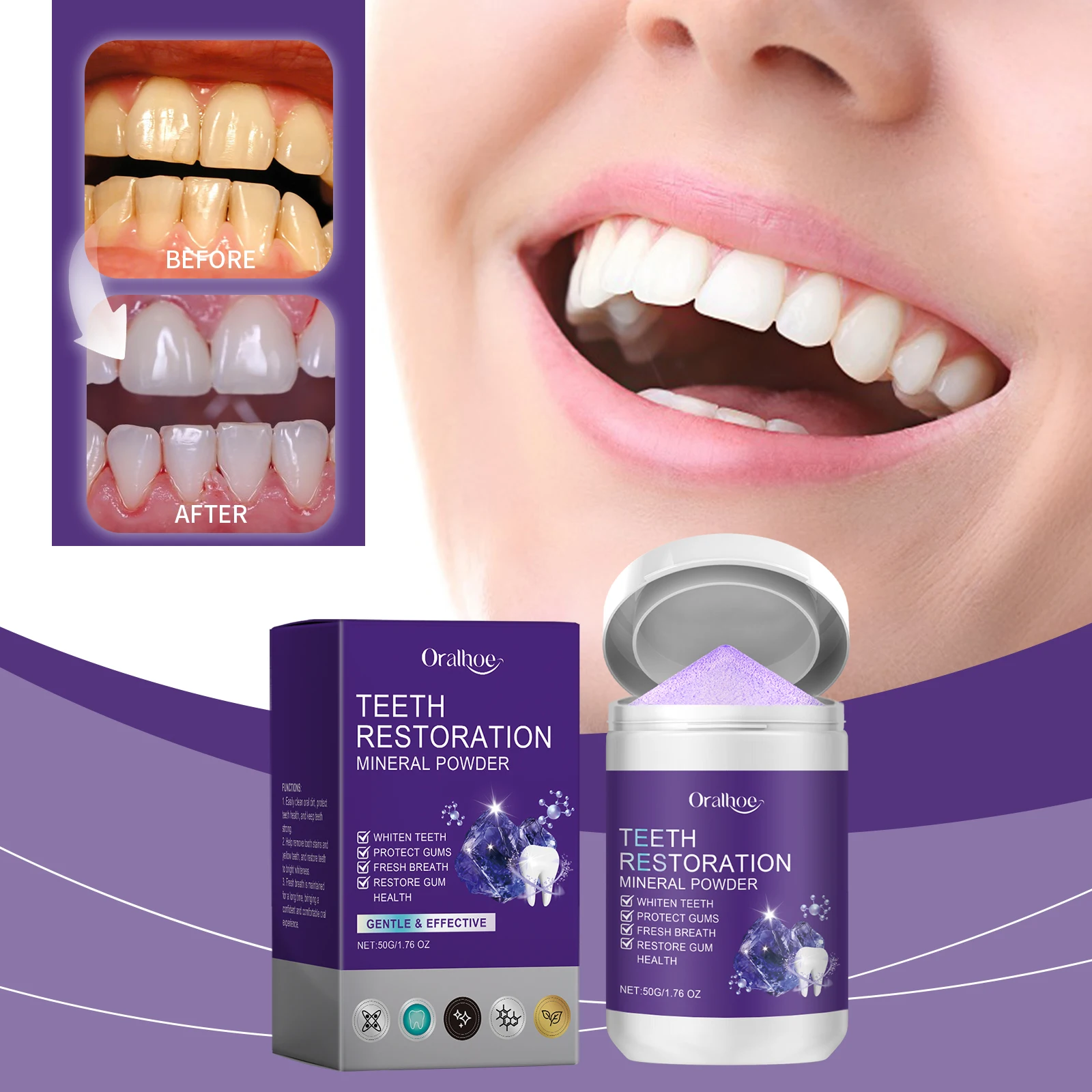 Teeth Restoration Mineral Powder Teeth Whitening Remove Stain Oral Clean Fresh Breath Improve Smell Purple Bleaching Toothpaste