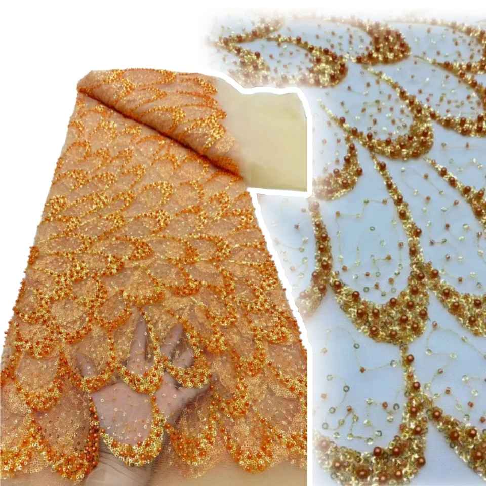 

Африканская тяжелая кружевная ткань с бисером, высокое качество, нигерийское кружево с блестками и жемчугом, французский тюль, ткань для шитья свадебного платья 1175