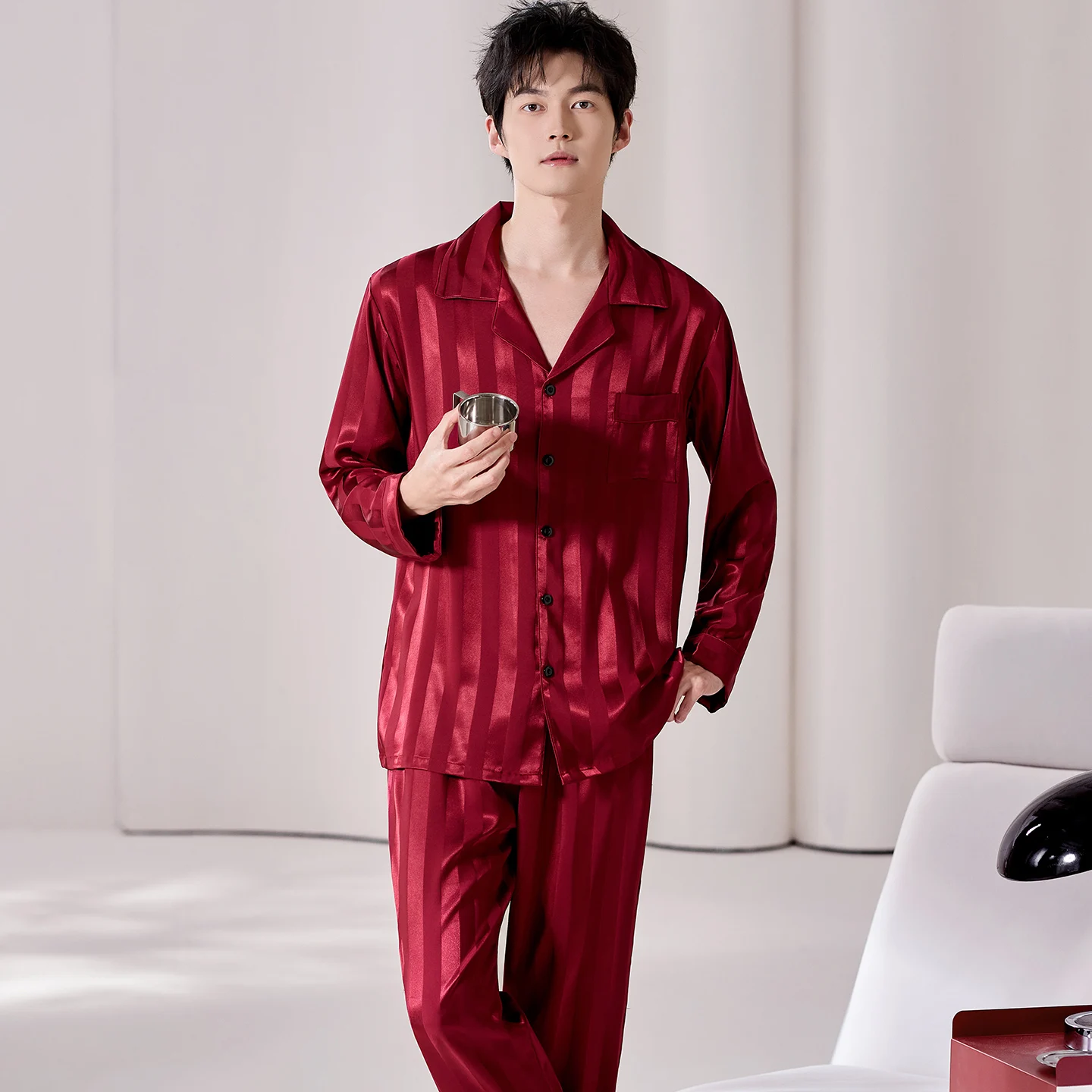 Spring Autumn Silk Men Pajama Sets Long Sleeve Turn-down Collar Cardigan Male Sleepwear Suits Casual Soft Mens Homewear L-4XL