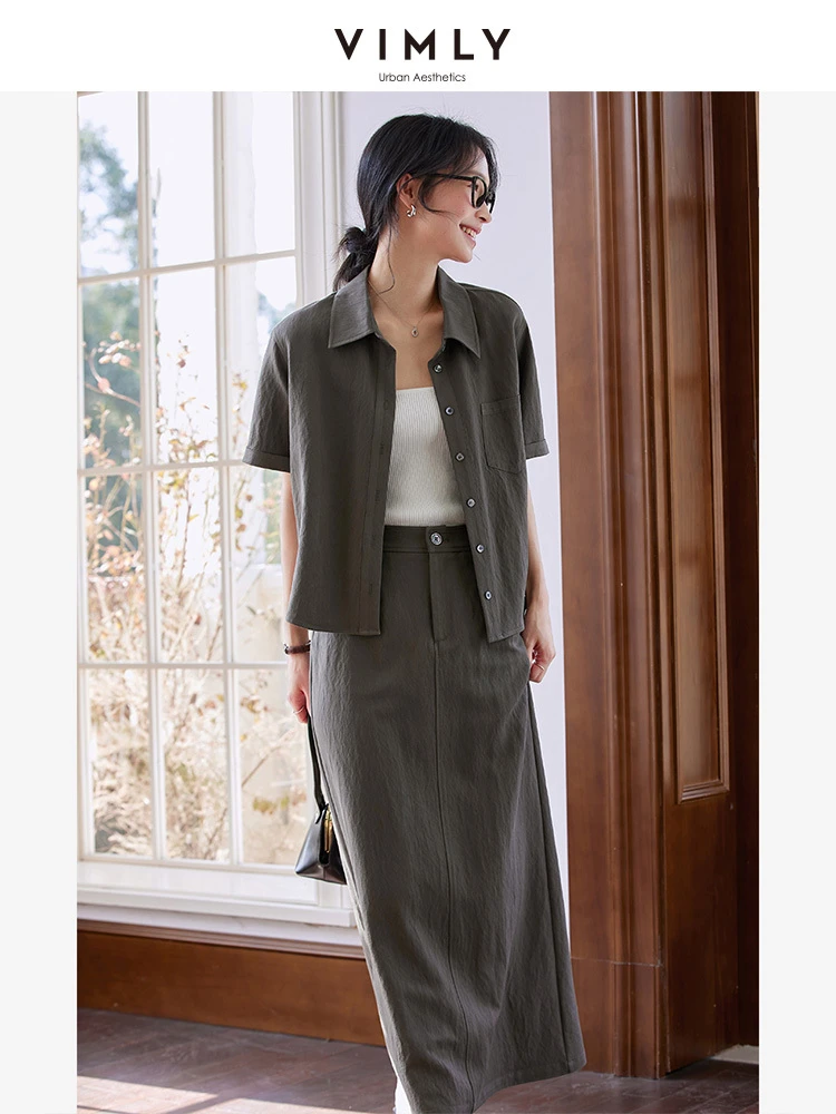 

VIMLY 2025 Summer Skirt Sets Woman Casual Short Sleeve Shirt Straight Long Skirt Two Piece Matching Set Ladies Clothing M9902