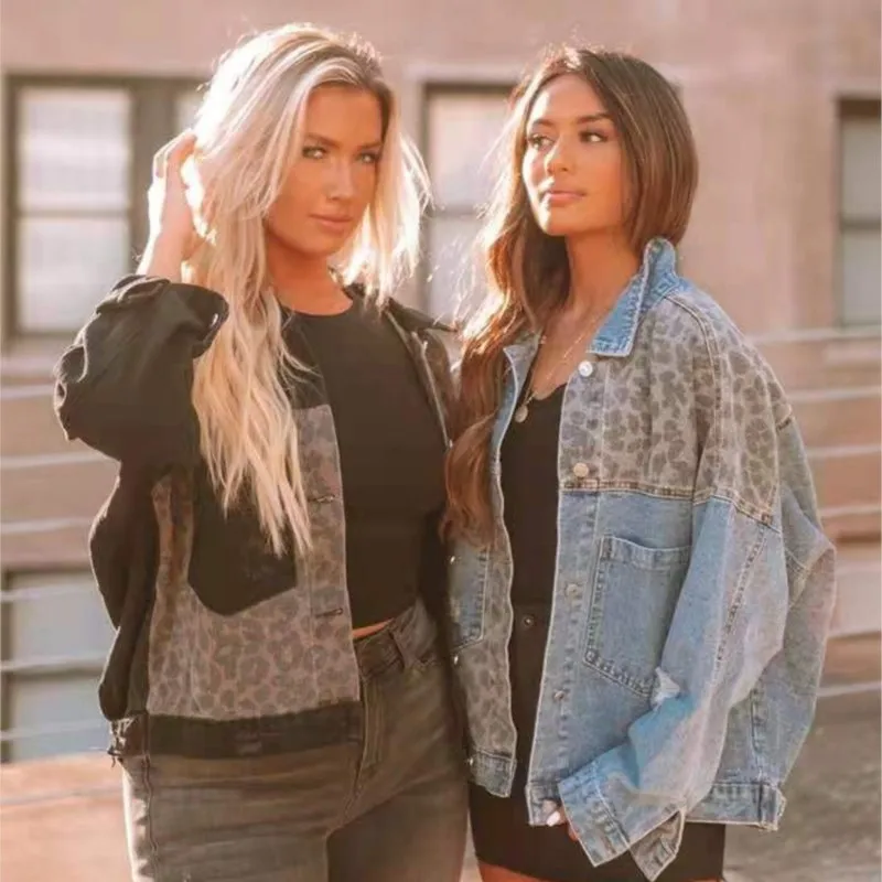

Leopard Print Denim Jacket Women Vintage Coat 2025 Autumn Outerwear Turn Down Collar Button Pockets Female Overcoat Streetwear