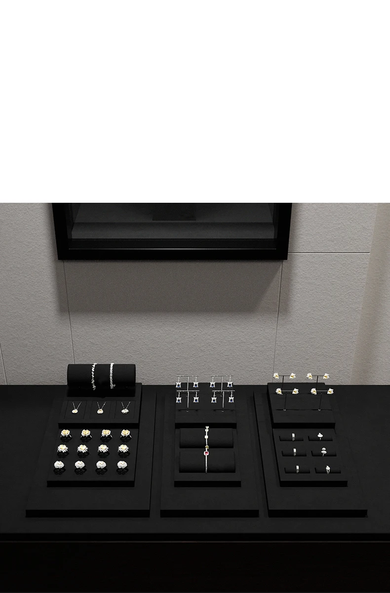 Oirlv Schwarze Schmuckdisplays für Ringe, Ohrringe, Halsketten, Armbänder und Armreifen, Schmuckablage aus Samt, Set mit Diamanten- und Edelsteinschalen – Detail 5
