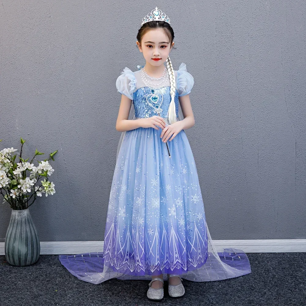 2024 Elsa Role Playing Dress Kids Halloween Frozen Carnival Girls Birthday Elsa Princess Cosplay Sequins Vestidos