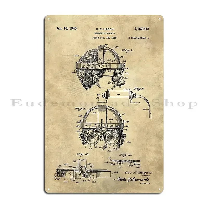 Antique Welders Goggles Blueprint Drawing 1938 Industrial Metal Plaque Poster Club Bar Wall Cave Print Tin Sign Poster