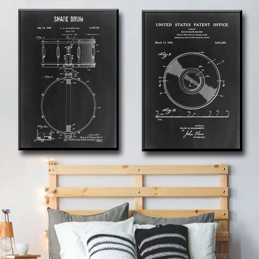 Music Instruments Patent Print Vintage Poster Guitar Piano Snare Blueprint Wall Art Canvas Painting Pictures Music Studio Decor