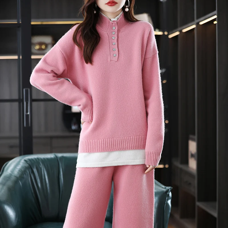 New 2023 Ladies 100% Cashmere Wool Suit Casual Long Sleeve Pullover Sweater Solid Color Knit Long Wide Leg Pants Pure Wool Suit