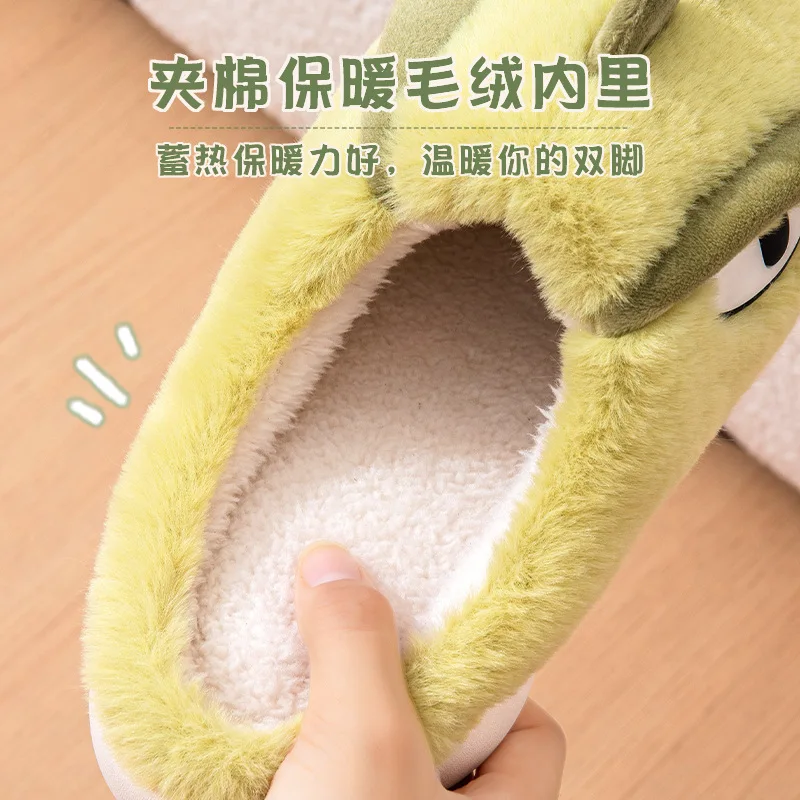 Dinosaur Slippers Adults Winter Flip Flops Mens Warm Fur Slides Green Dino Slippers Man Fuzzy House Shoes Men\'s Animal Slippers