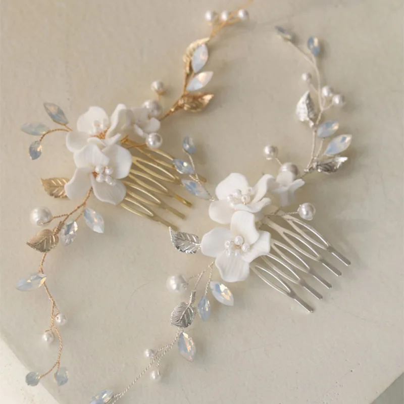 

SLBRIDAL Handmade Alloy Leaf Crystal Rhinestones Porcelain Flower Pearls Bridal Hair Comb Wedding Hair Accessories Women Jewelry