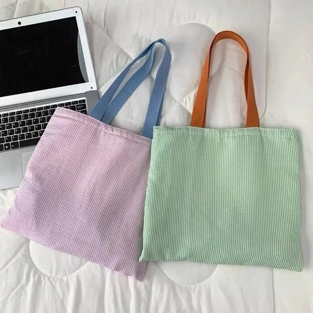 Simple Canvas Shoulder Bag Large Capacity Square-shaped Zipper Handbags Contrast Color Stripe Handbags Women