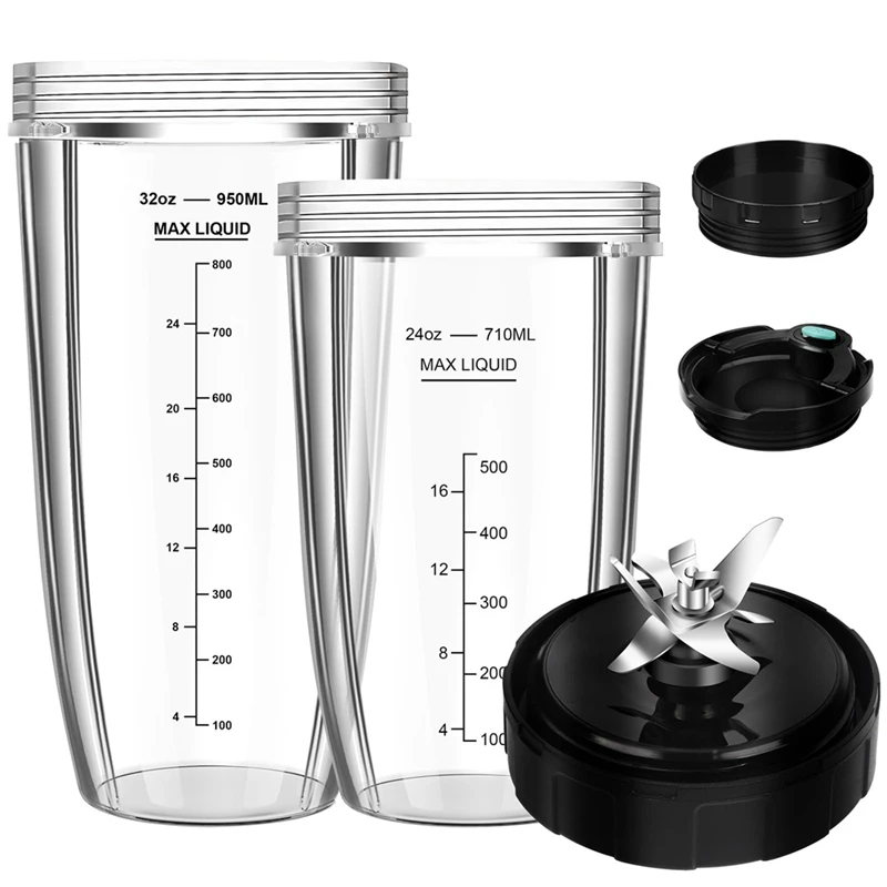 

Blender Replacement Parts For Ninja, 32Oz & 24Oz Ninja Blender Cups Replacement With To-Go Lids & 7-Fins Extractor Blade