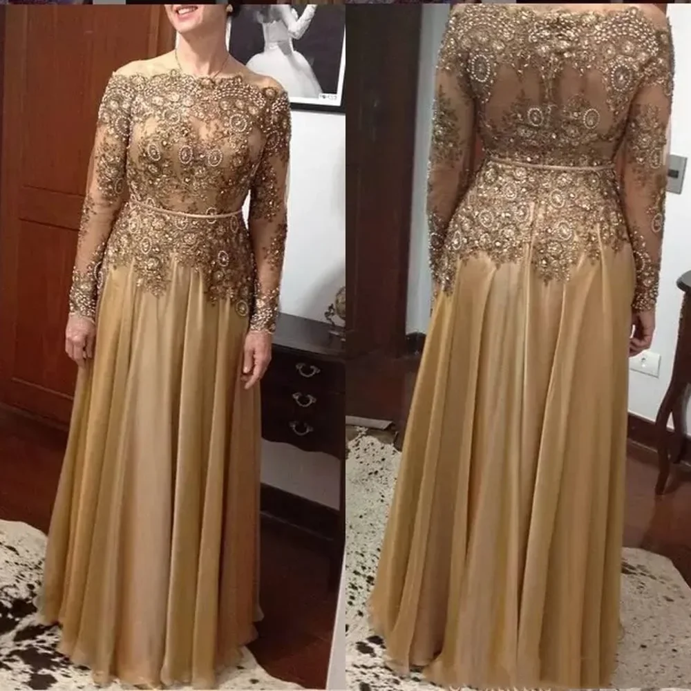 

2024 Mother Of The Bride Dress Gold Beaded Long Sleeves Floor Length Sequined Lace Appliqués Guest Evening Gowns robes de soirée