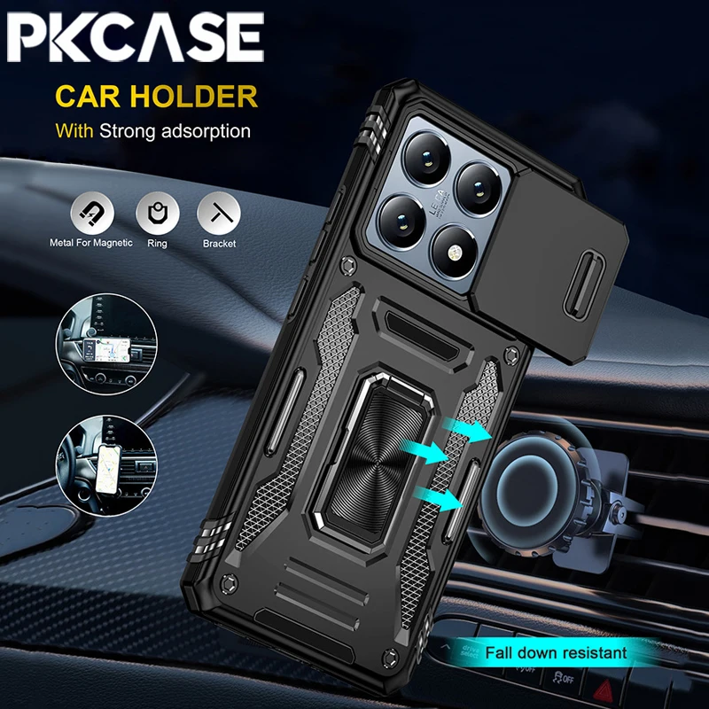 PKCASE Military Grade Shockproof Bracket Case For Xiaomi Poco X6 Pro Push Window Cover For Xiaomi 14T Pro