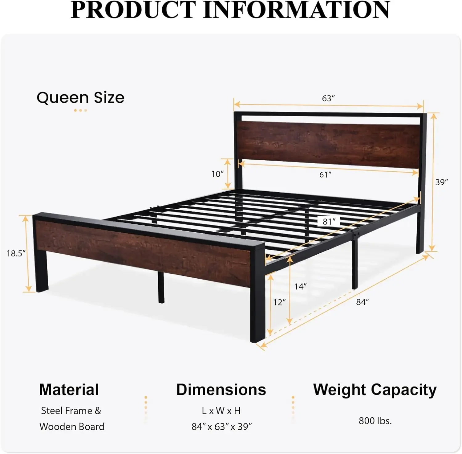 SHA CERLIN 14 Inch Queen Size Metal Platform Bed Frame with Wooden Headboard and Footboard, Mattress Foundation, No Box Spring