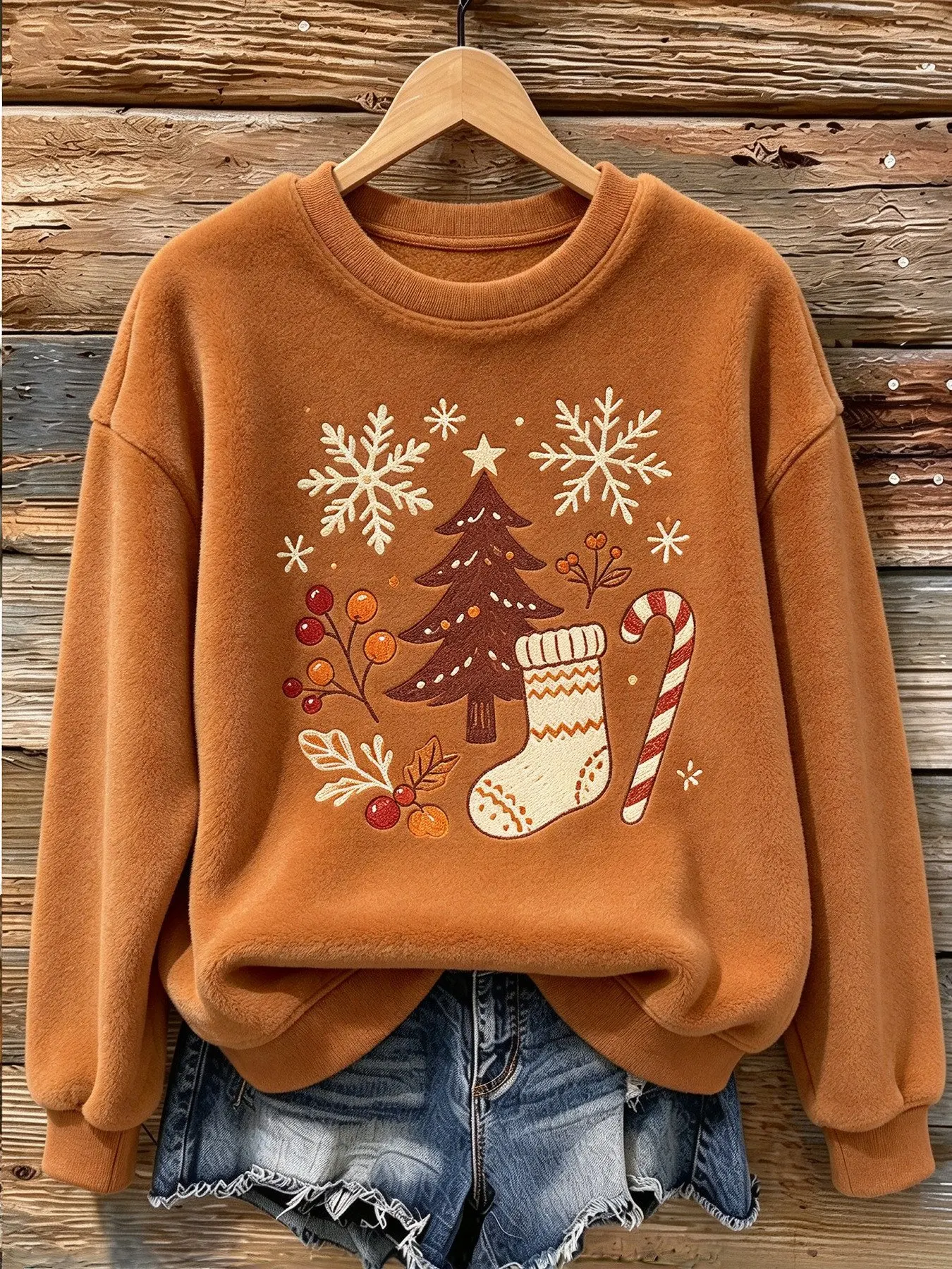 Women Autumn Winter Flannel Sweatshirt Gingerbread Man Candy Cane Christmas Tree Print Warm Cozy Loose Pullover Women's Clothes