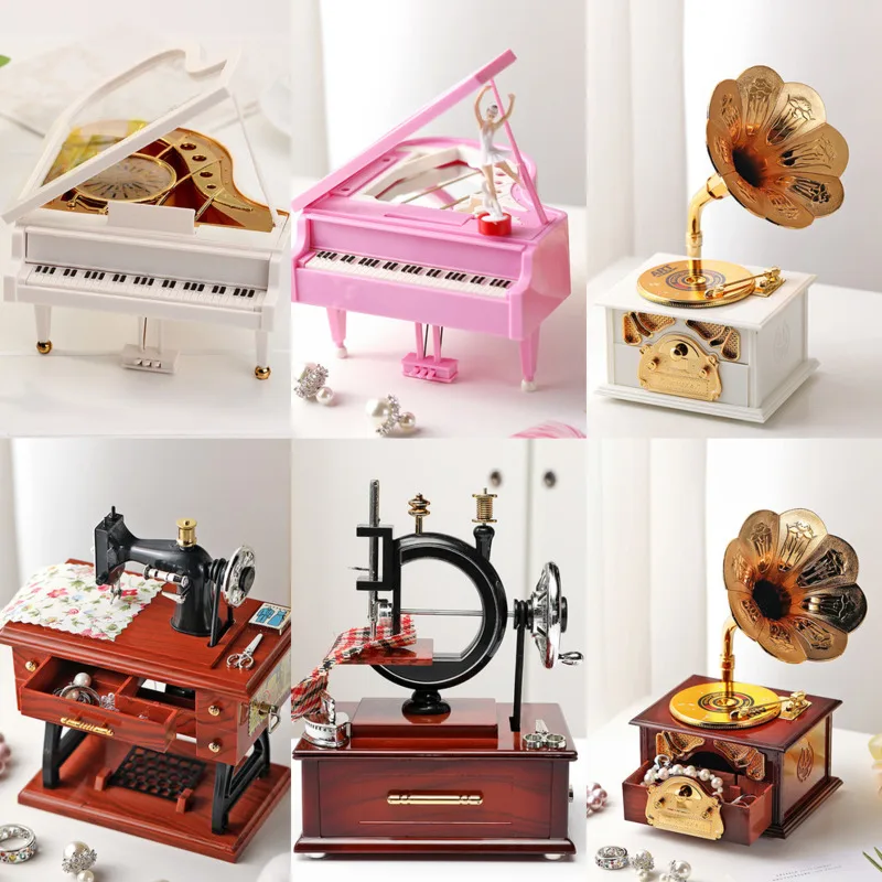 Mini Sewing Machine Style Music Box Hand Crank Vintage Music Boxes Jewelry Box Christmas New Year Birthday Gifts