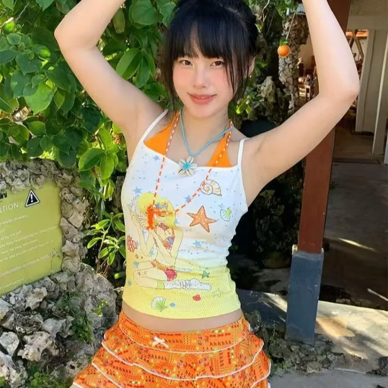 

Dopamine Hottie Camisole American Y2k Kawaii Girl Printed Halter Vest Retro Subculture Fake Two Tank Tops Women's Sexy Slim Top