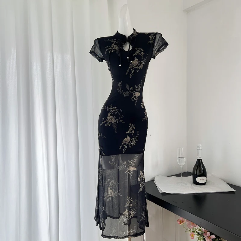 Moda migliorata Cheongsams Sexy ricama Qipao Split scava fuori abiti orlo abiti in stile cinese donna estate nuovo vestito