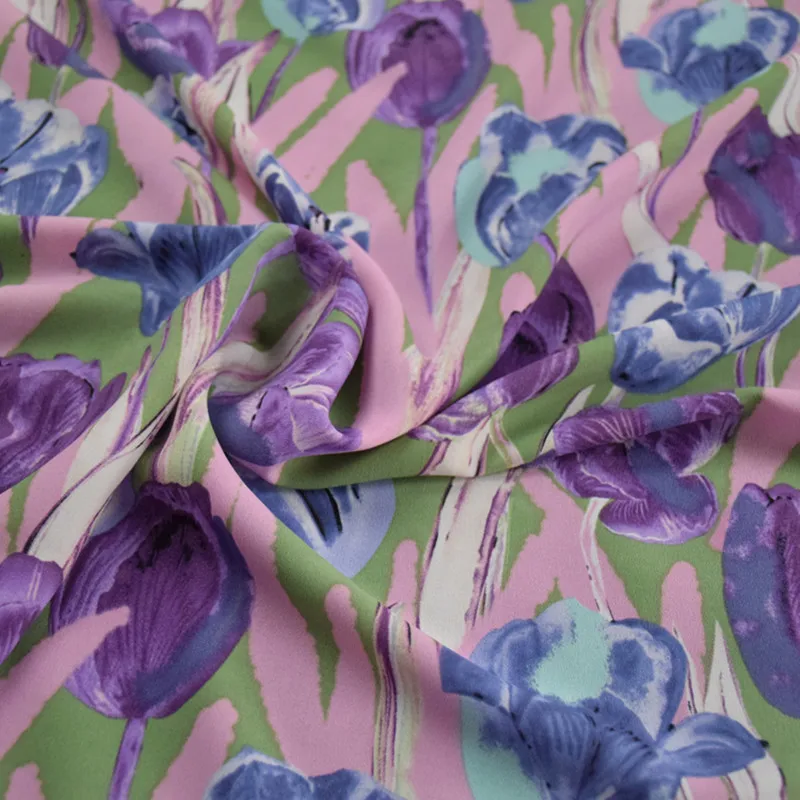 Romantico tessuto viola con stampa tulipano, tessuto Chiffon di alta qualità, camicia abito primaverile, materiale pigiama, materiale morbido, T1845