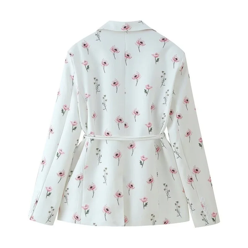 Women's 2026 Floral Print Blazer, White Pink Flower Casual Suit Jacket, Notch Lapel Loose Outwear with Tie Waist