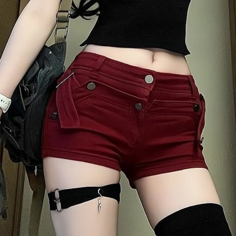 Vintage Shorts for Women Burgundy Low Waist Sexy Y2k Summer Young Hot Girls Club Simple Design Skinny High Street New All-match