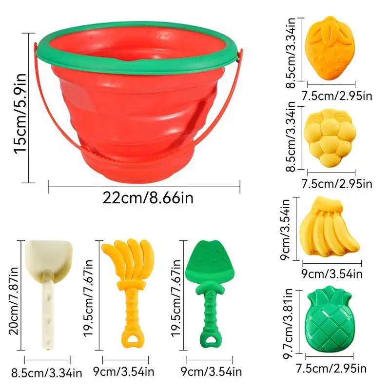 Brinquedo de praia infantil ao ar livre, pá divertida, molde de frutas, balde dobrável, armazenamento de areia, ferramenta de escavação, 8pcs