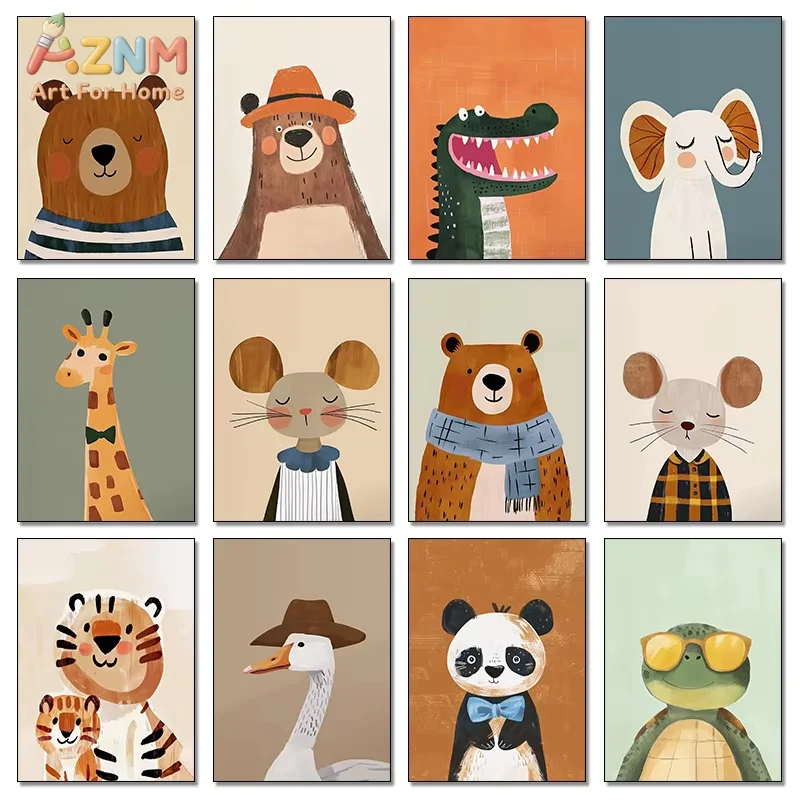 AZNM Funny Cartoon Animals Minimalist Nordic Posters Prints Canvas Painting Wall Art Picture Living Room Kindergarten Home Decor