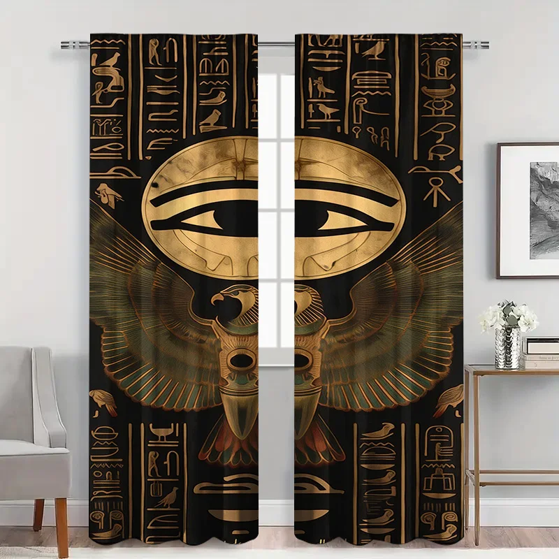 2pcs Egyptian Horus Falcon Curtains with Rod Pocket, Black Gold Winged God Pattern Sheer, Mystical Theme for Statement Wall