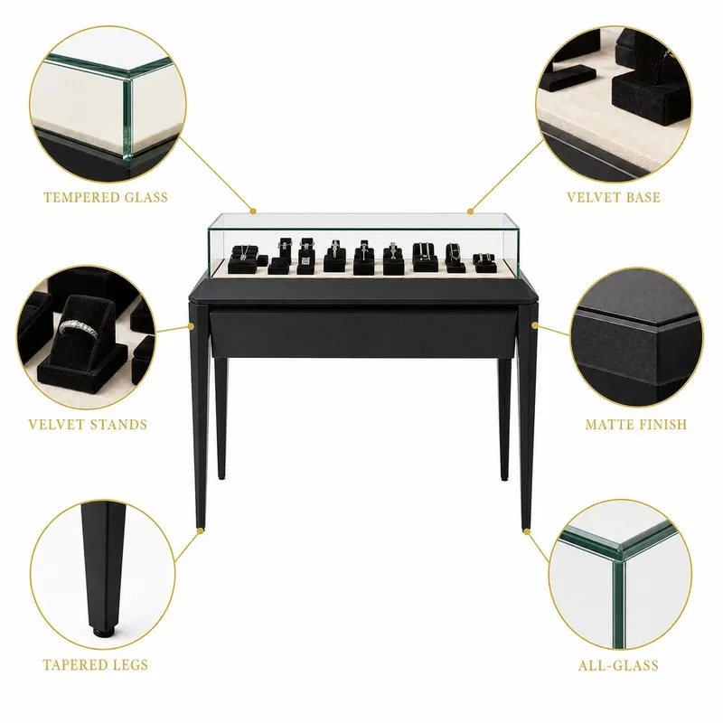 custom.Custom Made Turnkey Black Wood Jewelry Display Set Central Counter Wall Cabinet Fixture Package