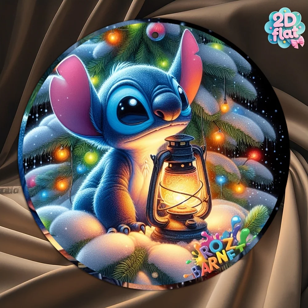 قطعة واحدة من لافتة فنية جدارية معدنية مستديرة لعيد الميلاد - ديكور عطلة عتيق مع مشهد ثلجي وأضواء وامضة، منزل ألومنيوم متين