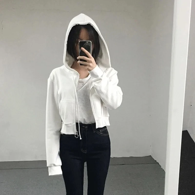 With Hat Hoodies Women Spring Crop Top Solid Zip-up Zippers Ins Simple Leisure Loose Womens Outwears Hooded Jogger Korean Daily