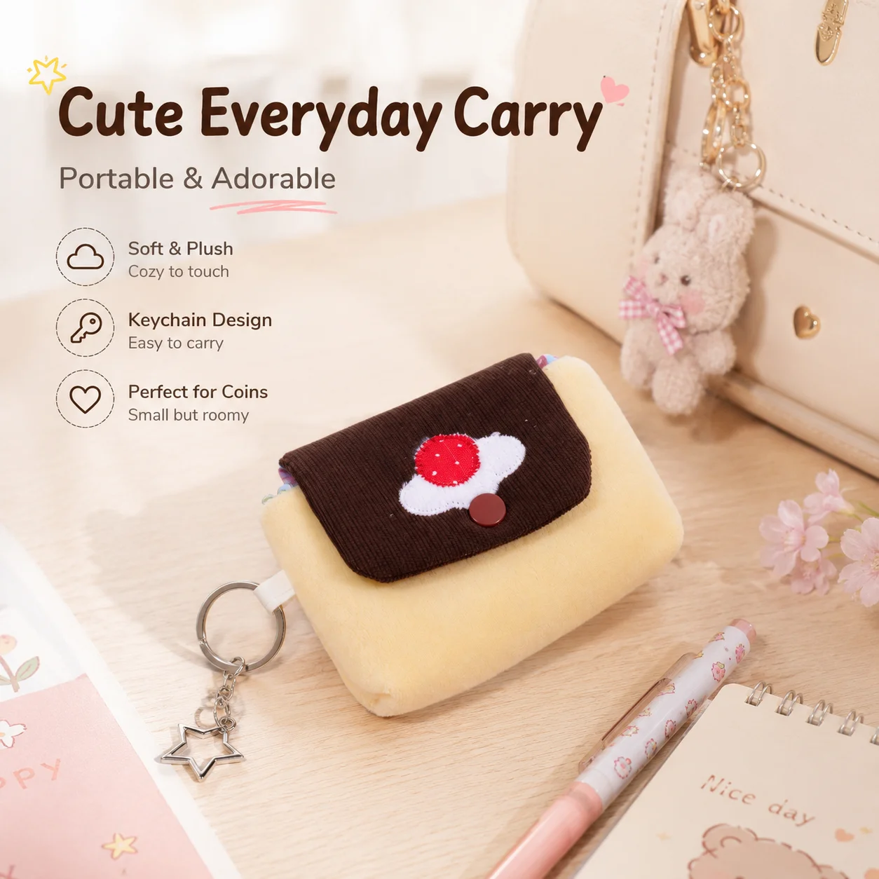 Cute Cherry Pudding Plush Mini Coin Purse With Snap Closure Keychain Portable Small Pouch For Cards Earphones And Essentials view 4