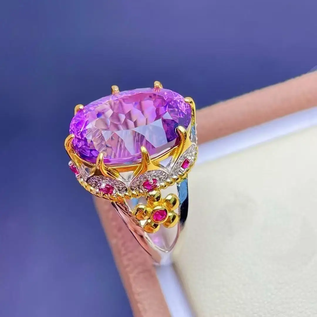 Natural Oval Amethyst Ring Two-Tone Gold Plated S925 Silver Hollow Hand Carved Band Women Sparkling Cocktail Jewelry
