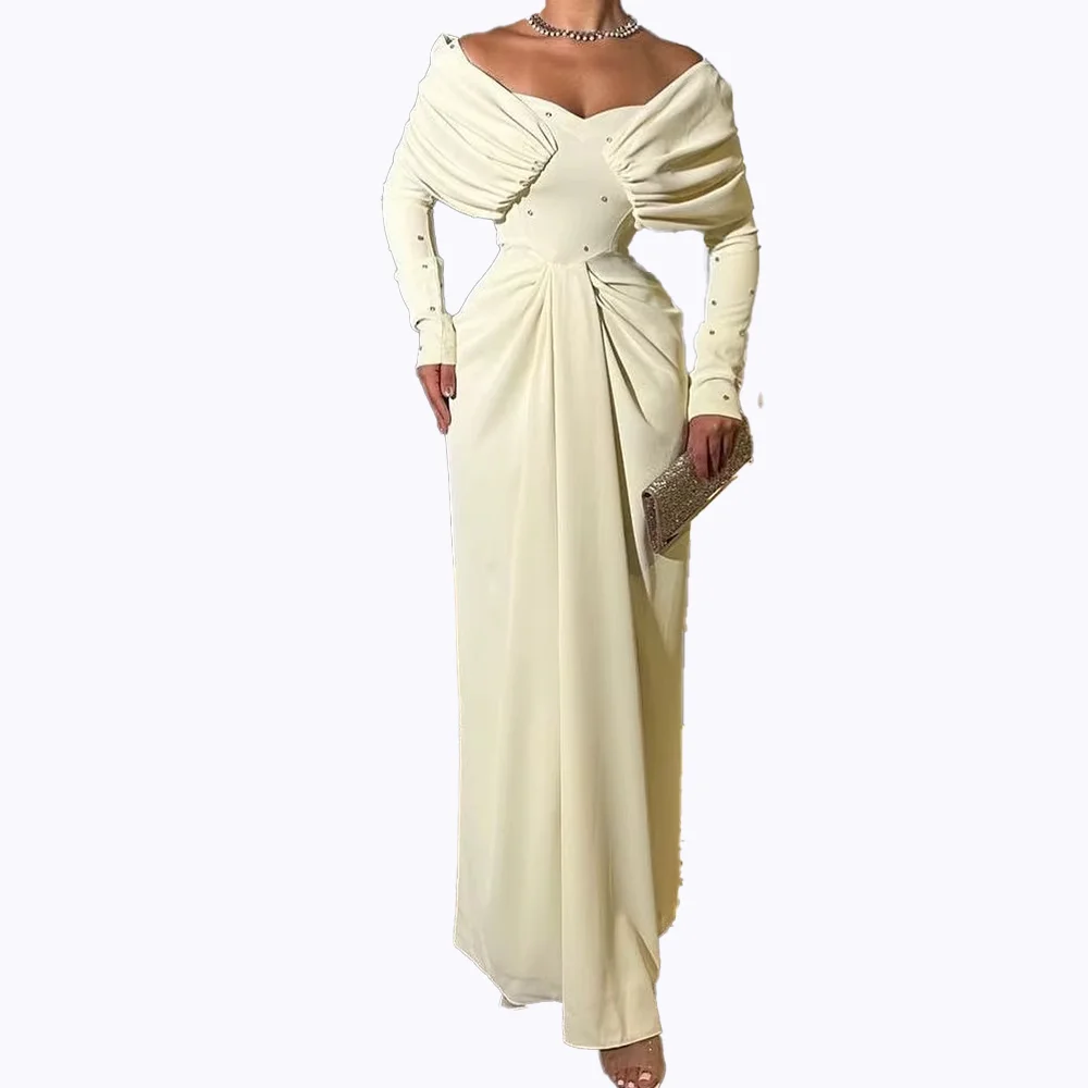 Elegancka jasnożółta suknia wieczorowa Błyszcząca kryształowa suknia koktajlowa Imperium talii Kochanie z długim rękawem Suknia z odkrytymi ramionami Dostosowane