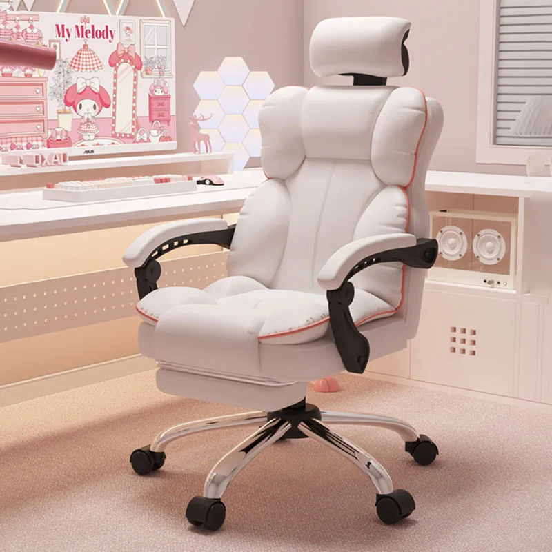 Precio bajo Silla de oficina Kawaii, cojín trasero, Silla de juegos blanca de lujo para niñas, Silla giratoria estética, muebles de oficina para jugadores