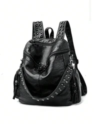 Vintage Rivet Backpack Purse, Retro Punk Style Travel Daypack, Women's Gothic School Knapsack