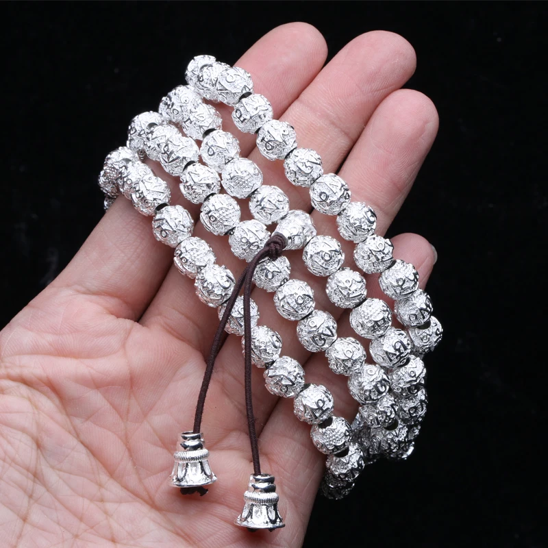 Nepal Retro Handmade Tibetan Silver 8mm 108 Beads Necklace Jewelry Six-Character Mantra Of Buddhism