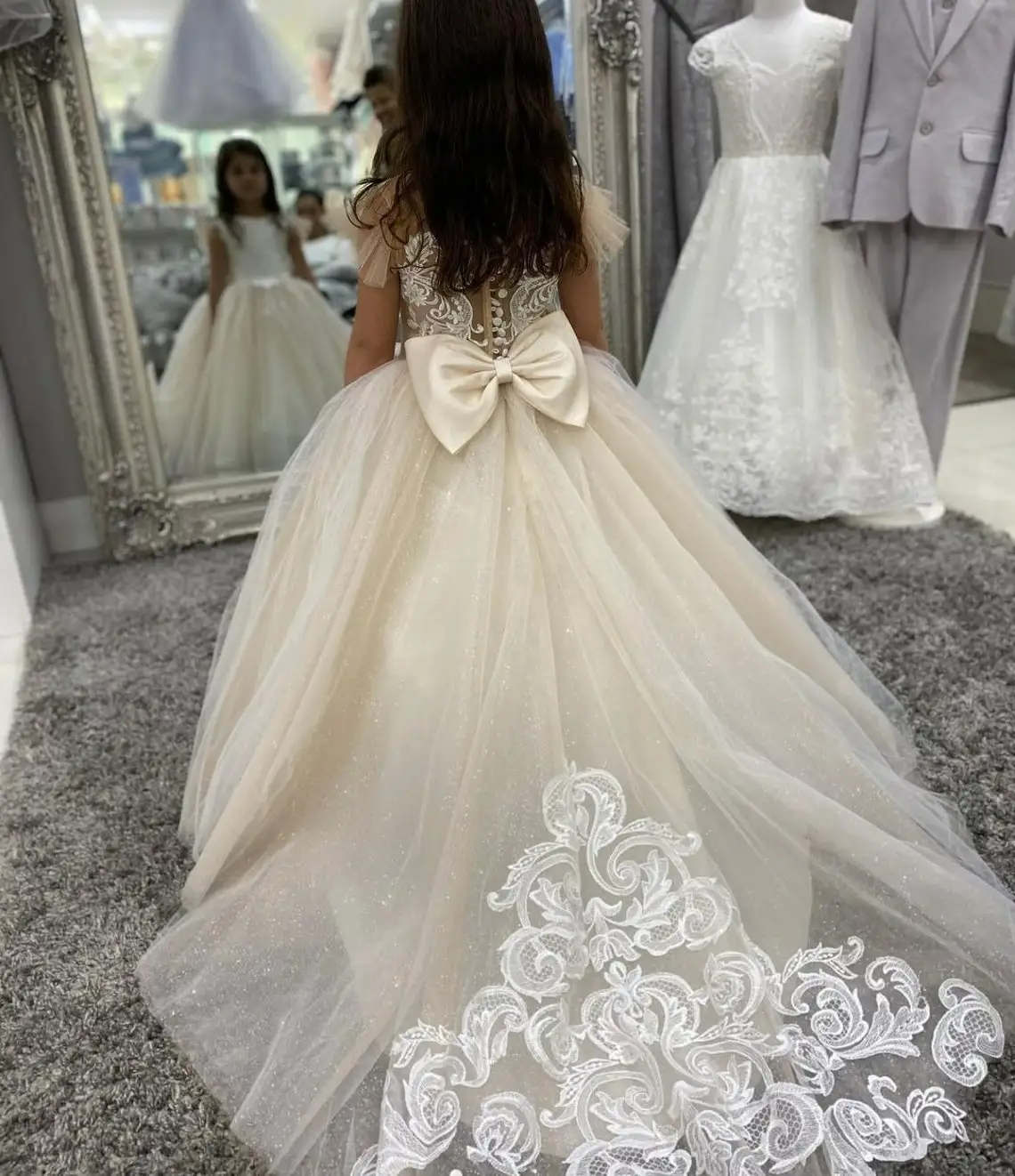 Brilhante princesa menina tule vestido de baile champanhe renda tutu vestido da menina de flor vestido de dama de honra menina para o aniversário de casamento outfit