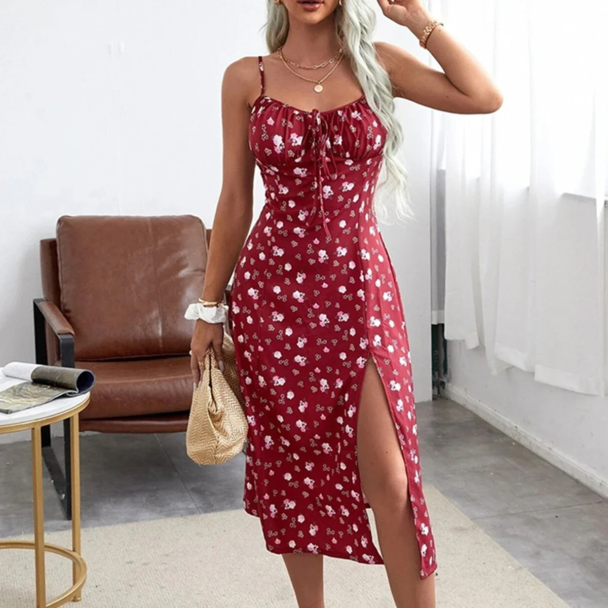 Women's Aesthetic Clothing Summer 2024 Trend Floral Dress, Flower Print Spaghetti Strap Sleeveless  with High Slit for Ladies