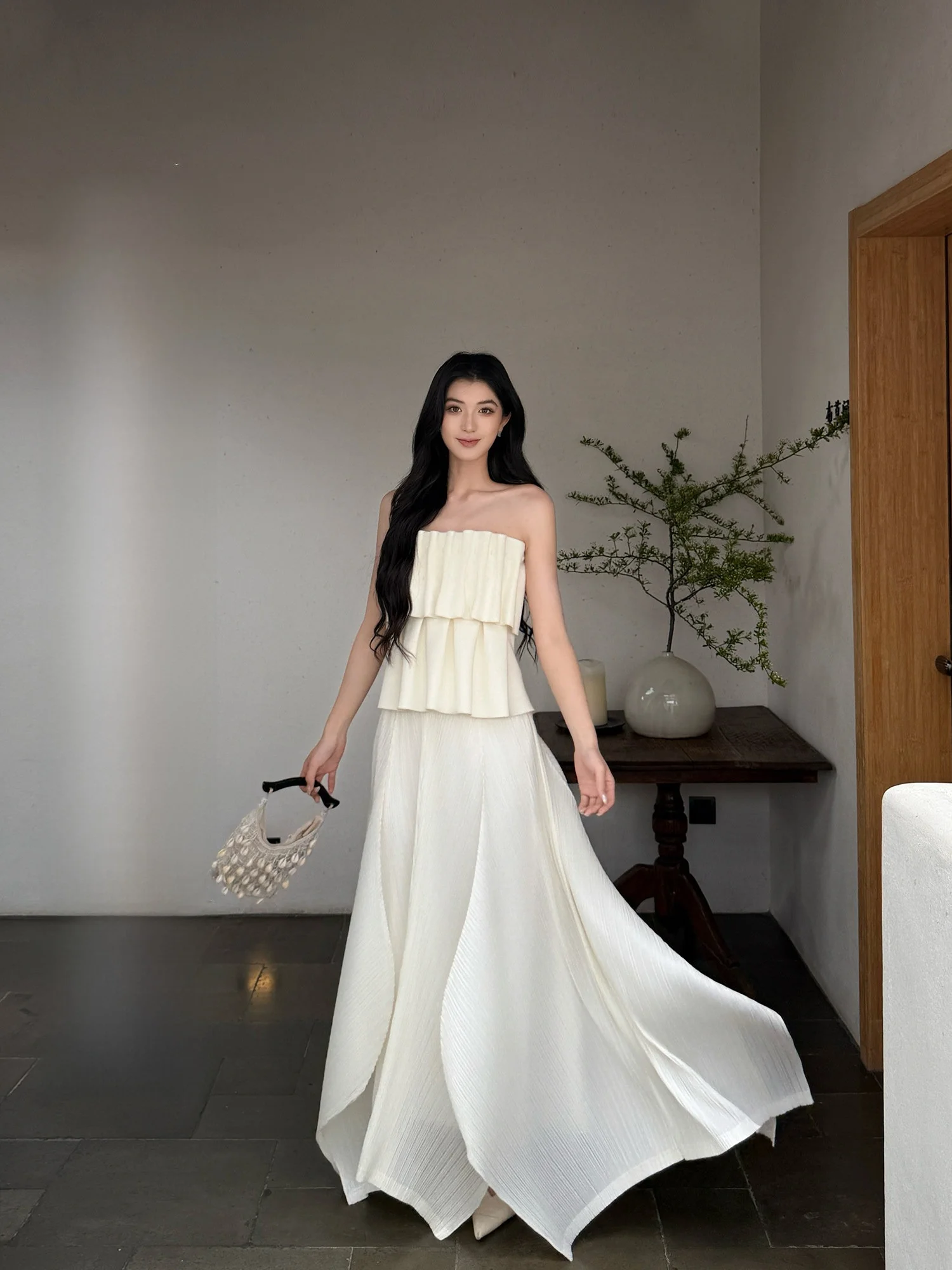 

White A-Line Skirt Women's Slimming Long Skirt Summer New Arrival Polyester Fiber Straight Cut Midi Skirt by Youwei