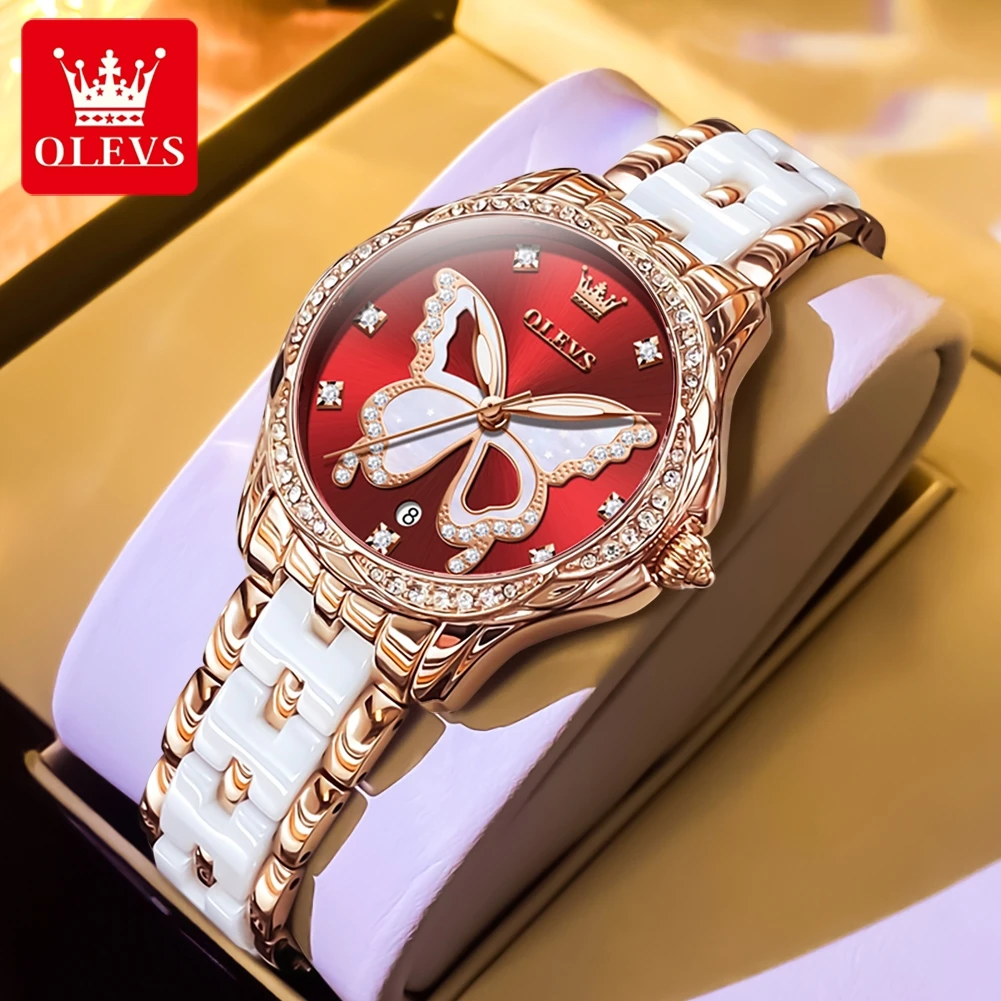 

OLEVS Women Watches Fashion Dress Butterfly Dial Original Quartz Watch for Lady Waterproof Ceramic Strap Luminous Date Gift box