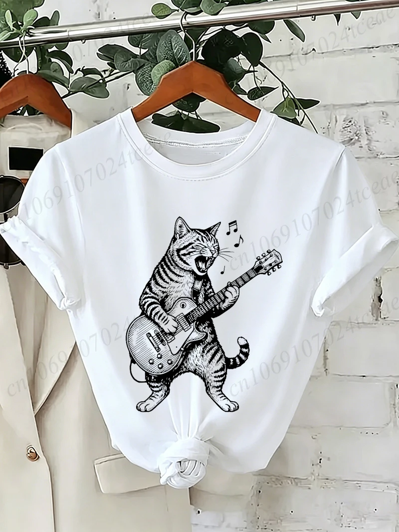 Drummer and Cat Graphic T Shirt Women Vintage Music Cat Print T-Shirt Short Sleeve O Neck Casual Loose Female Tee Streetwear Top