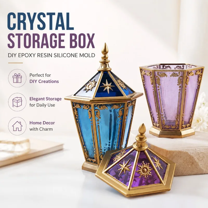 

DIY Crystal Epoxy Resin Lighthouse Silicone Mold with Lid Star Moon Hexagon Crystal Cluster Storage Box Home Decor
