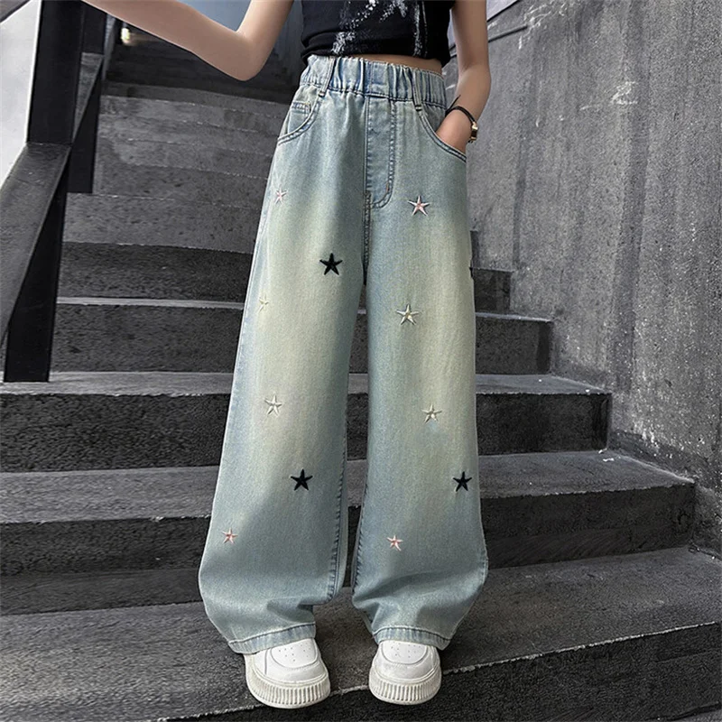2026 New 4-14 Years Spring Autumn Teenage Girls Jeans Full Print Bow Embroidery Fashion Wide-leg Denim Pants For Kids